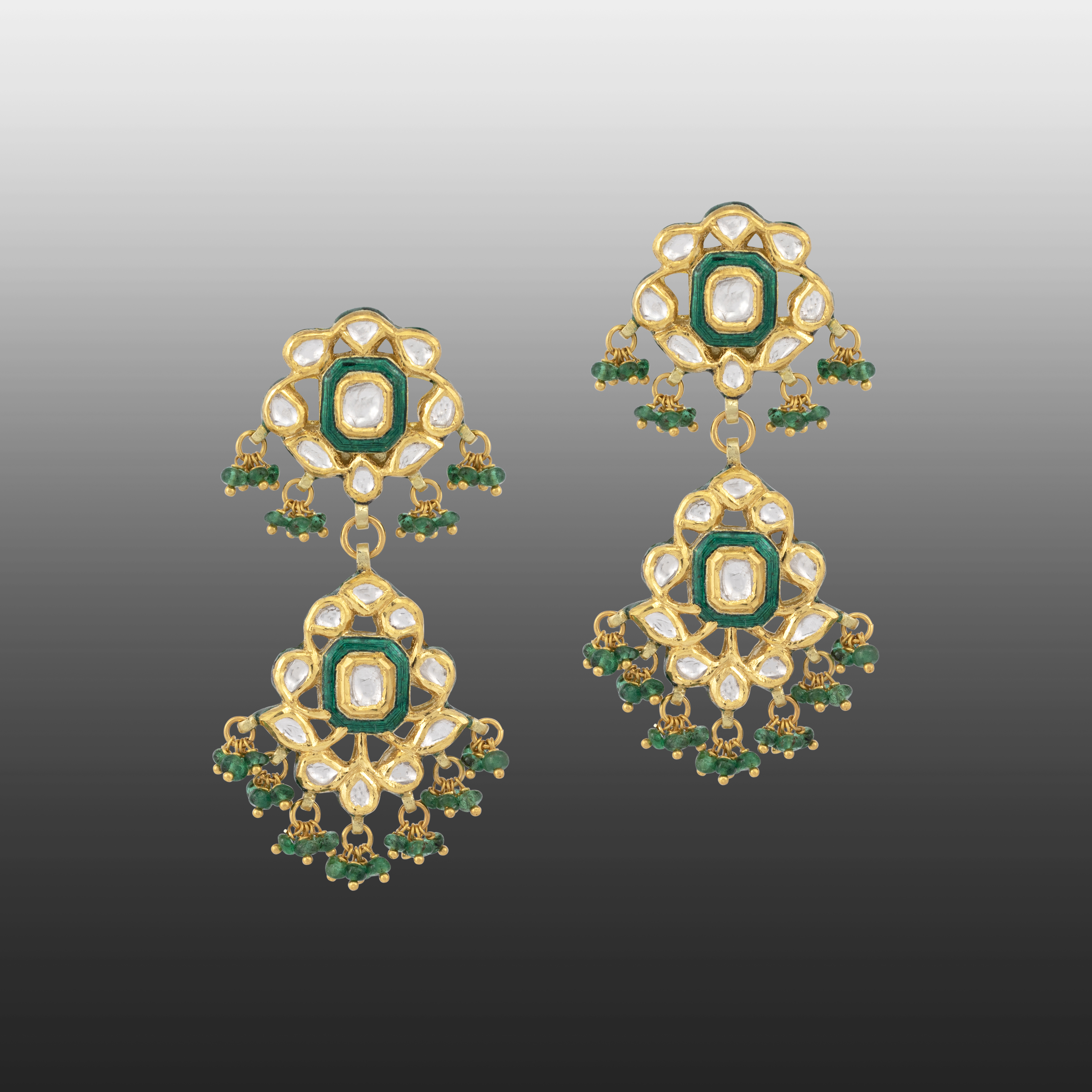 Double-Tier Polki Earrings with Green Meenakari